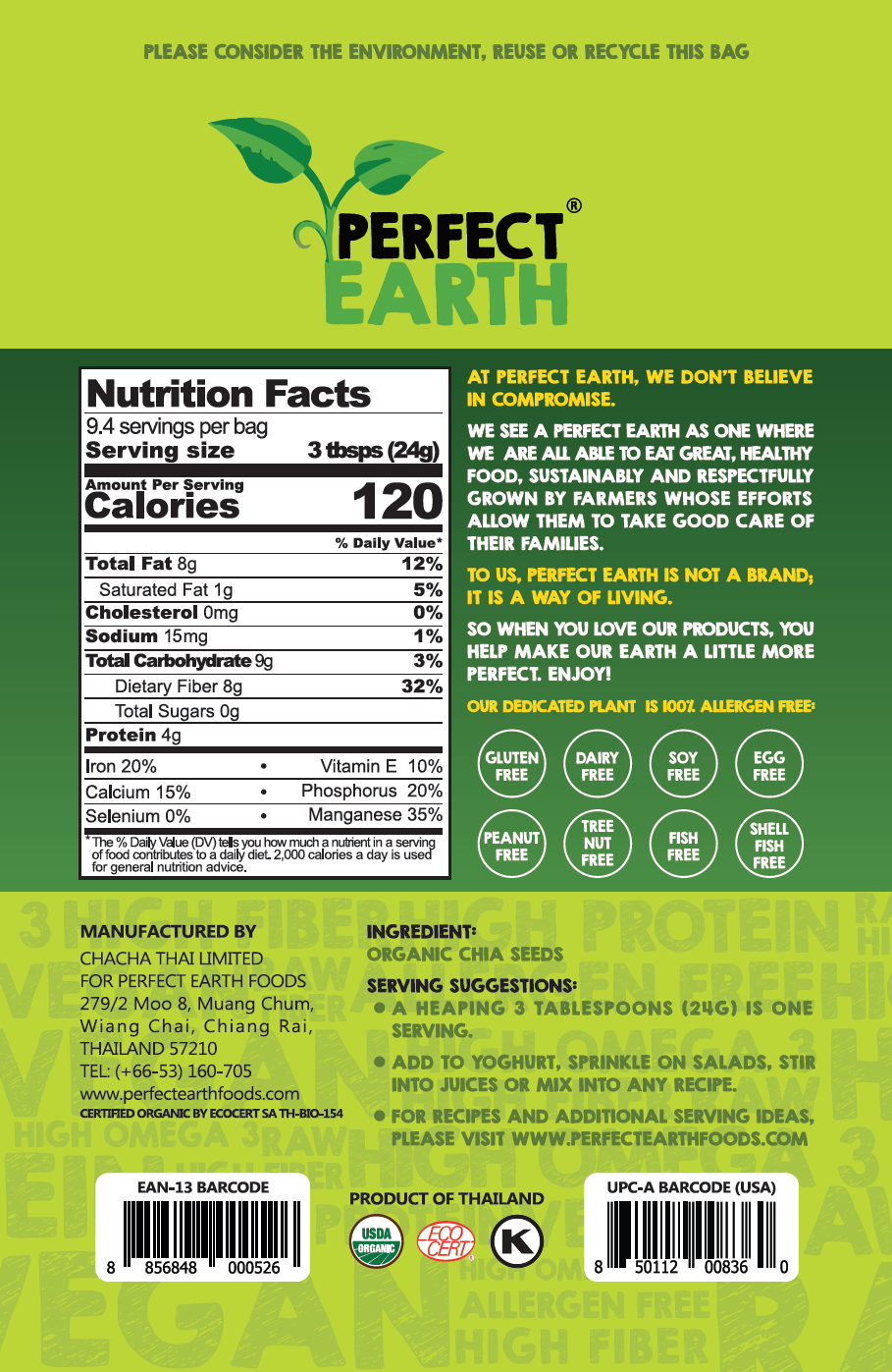 Perfect Earth - Organic Gluten Free Chia Whole Seeds White & Black 225g