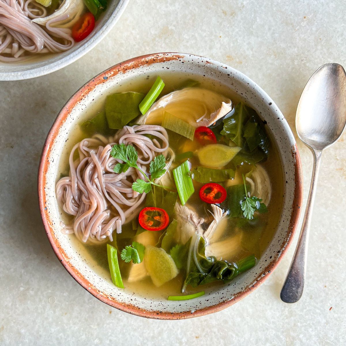 Chicken noodle soup made with chicken bone broth