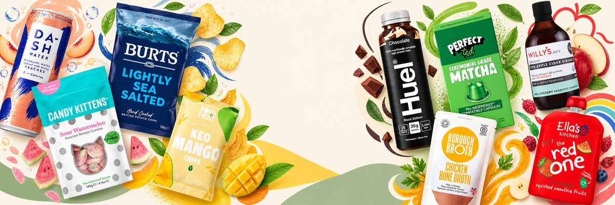 Hero products from DASH, Burts, Candy Kittens, Soul Fruit, Huel, PerfectTed, Willy’s, Borough Broth and Ella’s Kitchen, surrounded by colourful fruit and brand-inspired illustrations.