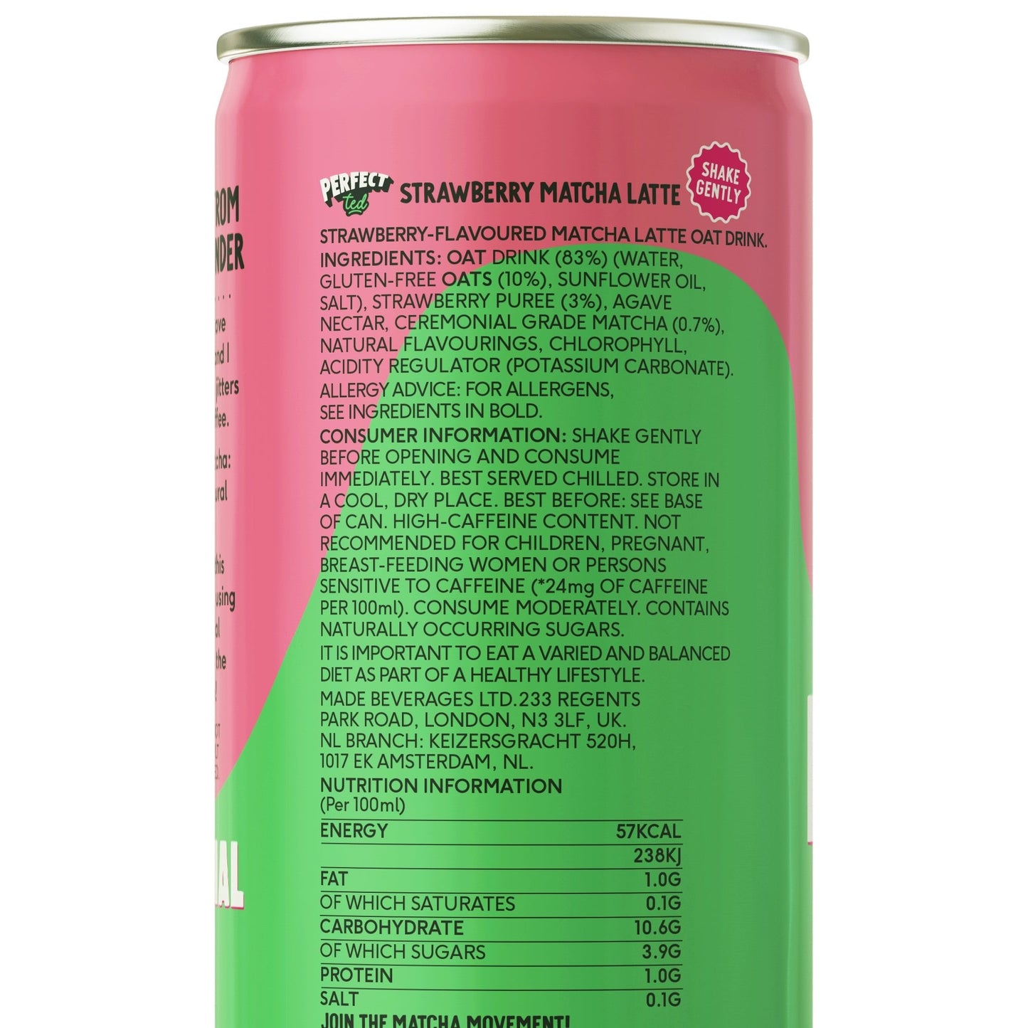 PerfectTed Strawberry Oat Matcha Latte nutrition label
