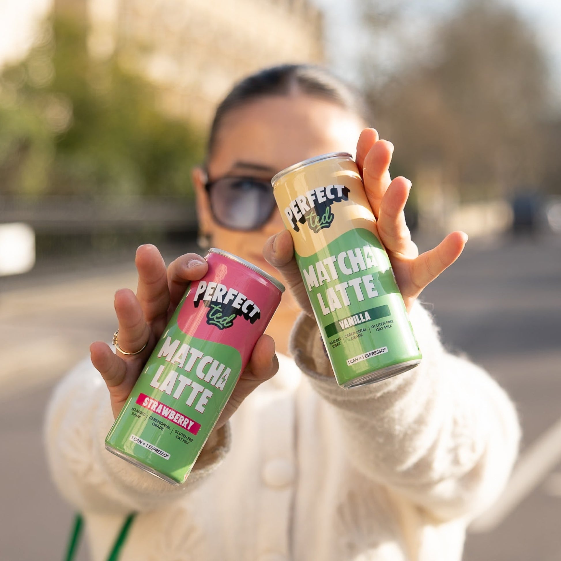 PerfectTed Strawberry Oat Matcha Latte outdoors