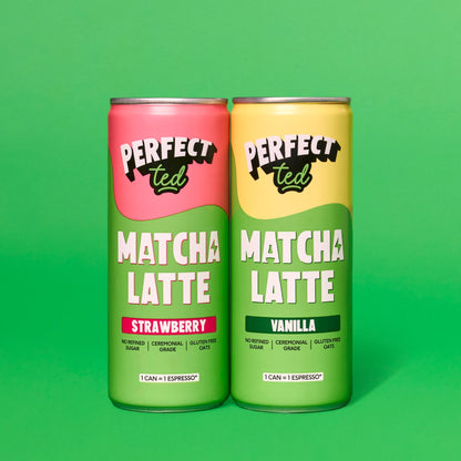 PerfectTed Vanilla Oat Matcha Latte cans